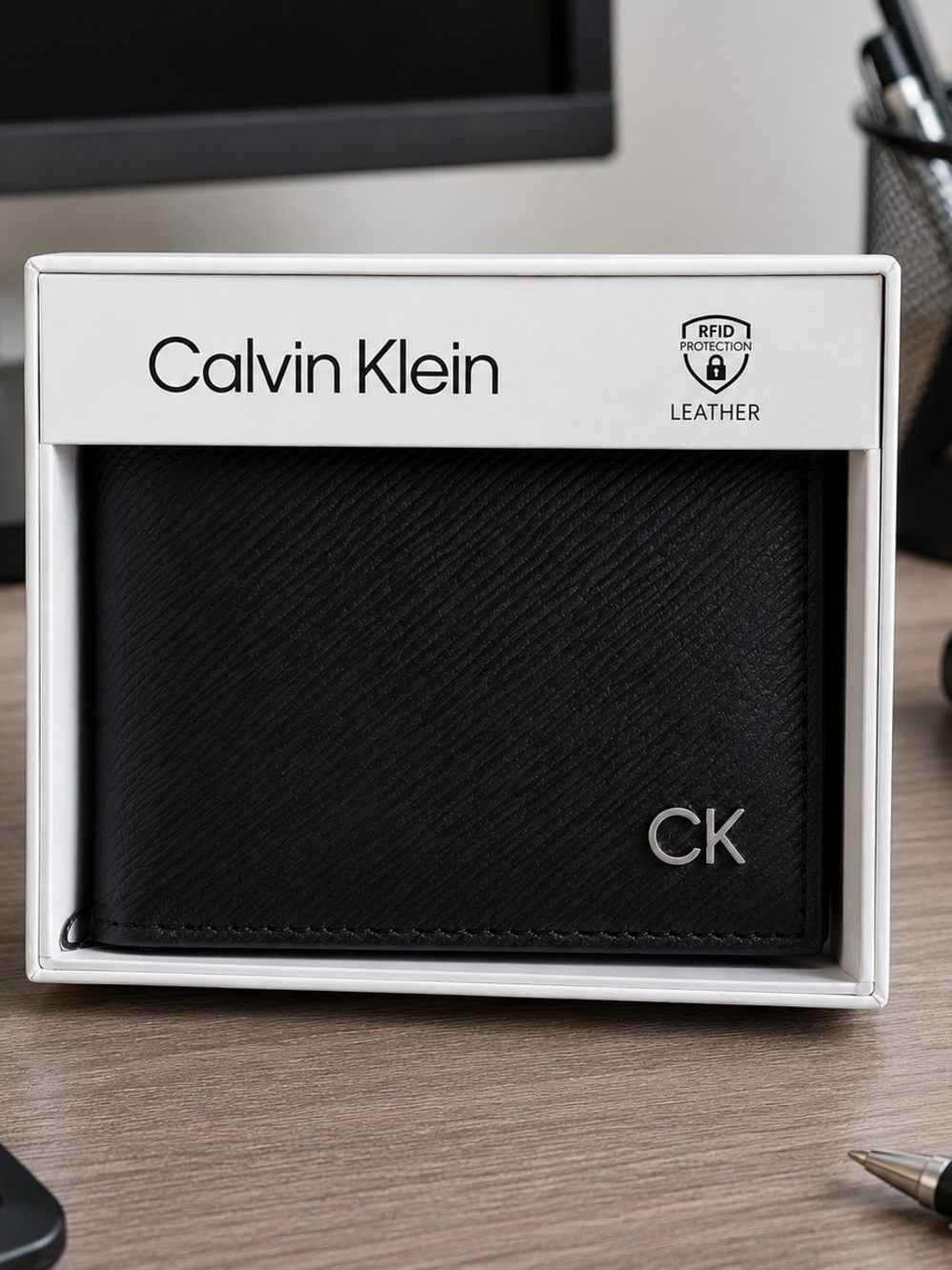Calvin Klein Black Leather Bi-Fold Wallet with CK Logo